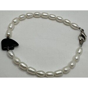 Genuine White Freshwater Pearl Black Onyx Bear Fetish Bracelet 8” Lobster Clasp